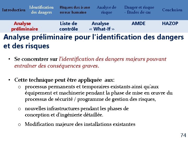 Introduction Identification des dangers Analyse préliminaire Risques dus à une erreur humaine Liste de