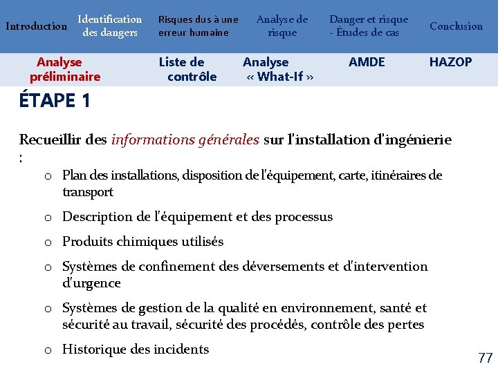 Introduction Identification des dangers Analyse préliminaire Risques dus à une erreur humaine Liste de