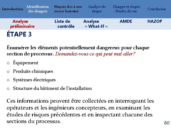 Introduction Identification des dangers Analyse préliminaire Risques dus à une erreur humaine Liste de