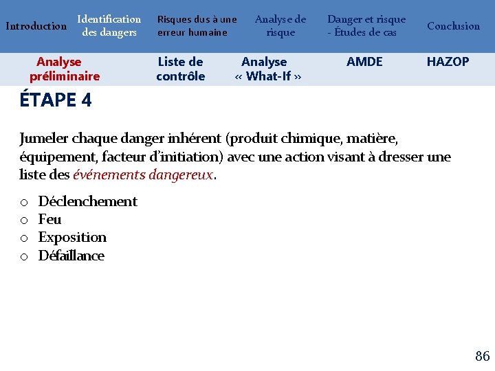 Introduction Identification des dangers Analyse préliminaire Risques dus à une erreur humaine Liste de