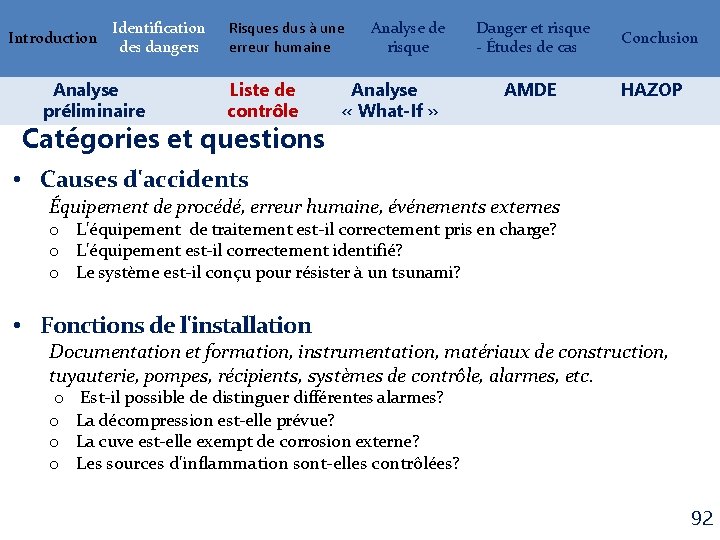 Introduction Identification des dangers Analyse préliminaire Risques dus à une erreur humaine Liste de