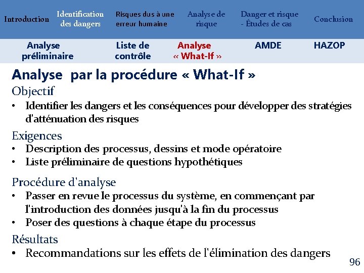 Introduction Identification des dangers Analyse préliminaire Risques dus à une erreur humaine Liste de