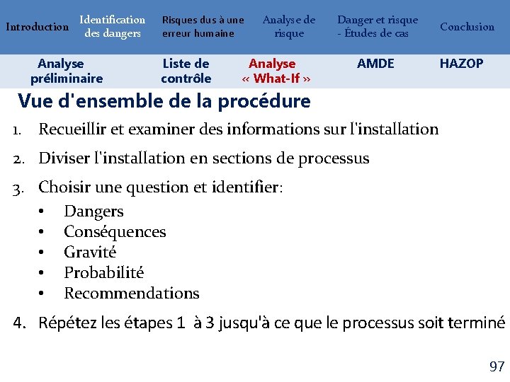 Introduction Identification des dangers Analyse préliminaire Risques dus à une erreur humaine Liste de