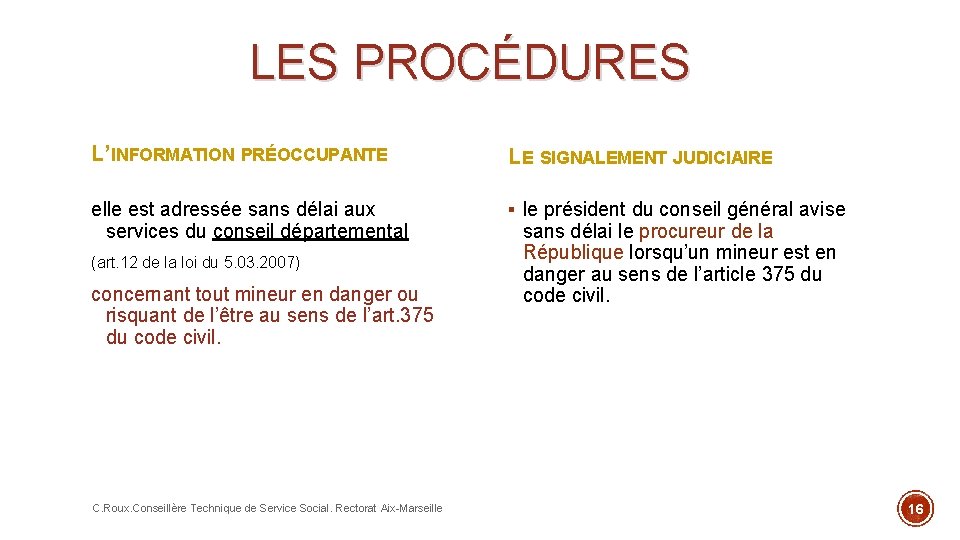 LES PROCÉDURES L’INFORMATION PRÉOCCUPANTE LE SIGNALEMENT JUDICIAIRE elle est adressée sans délai aux services