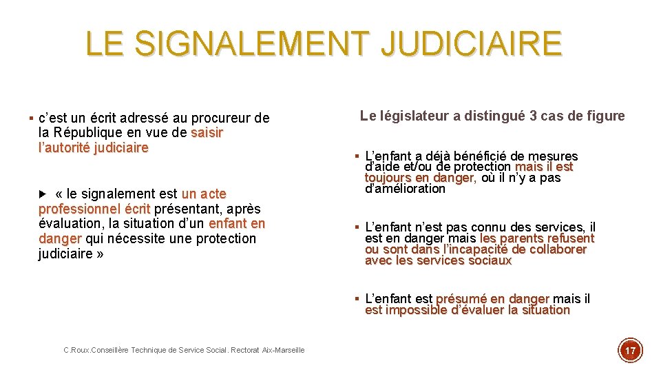 LE SIGNALEMENT JUDICIAIRE § c’est un écrit adressé au procureur de écrit la République