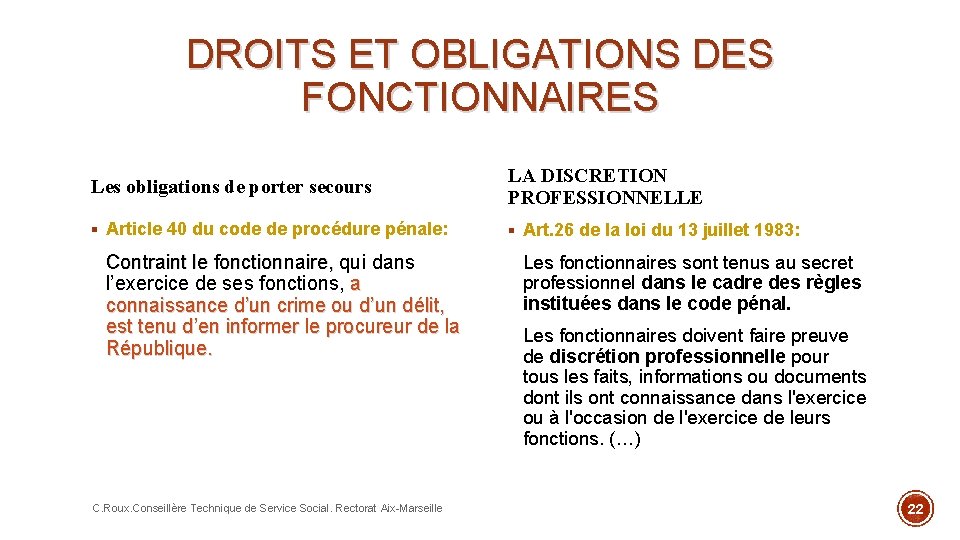 DROITS ET OBLIGATIONS DES FONCTIONNAIRES Les obligations de porter secours LA DISCRETION PROFESSIONNELLE §
