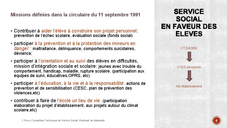 Missions définies dans la circulaire du 11 septembre 1991 § Contribuer à aider l’élève
