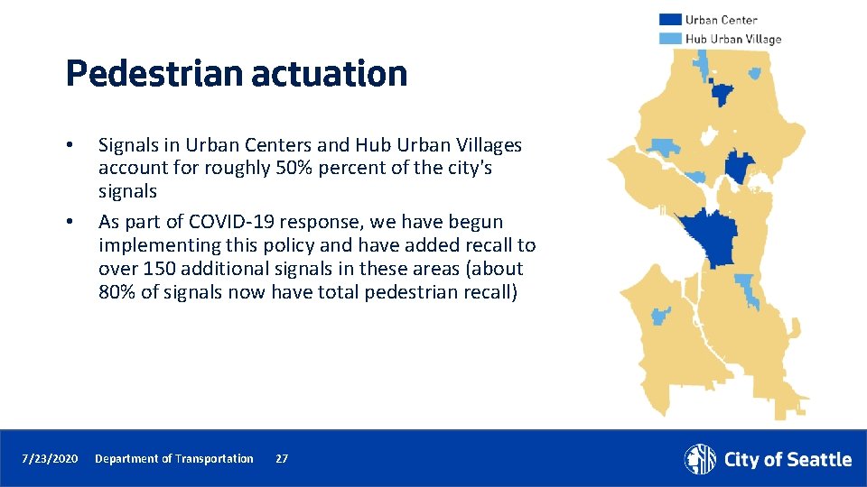 Pedestrian actuation • • Signals in Urban Centers and Hub Urban Villages account for