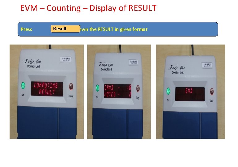 EVM – Counting – Display of RESULT Press Result and note down the RESULT