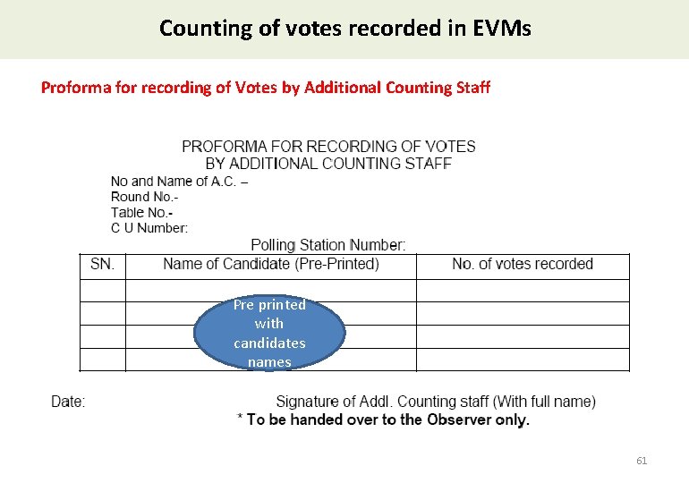 Counting of votes recorded in EVMs Proforma for recording of Votes by Additional Counting