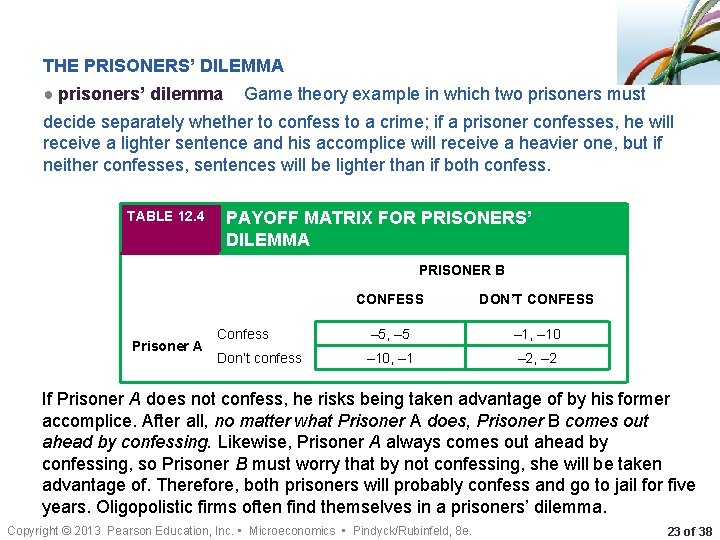 THE PRISONERS’ DILEMMA ● prisoners’ dilemma Game theory example in which two prisoners must