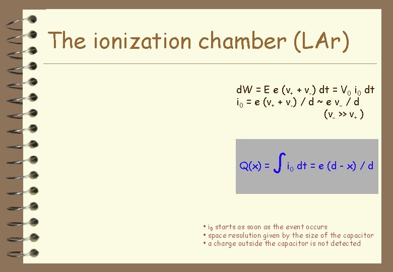 The ionization chamber (LAr) d. W = E e (v+ + v-) dt =