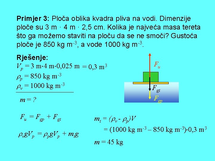 Primjer 3: Ploča oblika kvadra pliva na vodi. Dimenzije ploče su 3 m ·