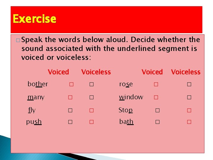 Exercise � Speak the words below aloud. Decide whether the sound associated with the