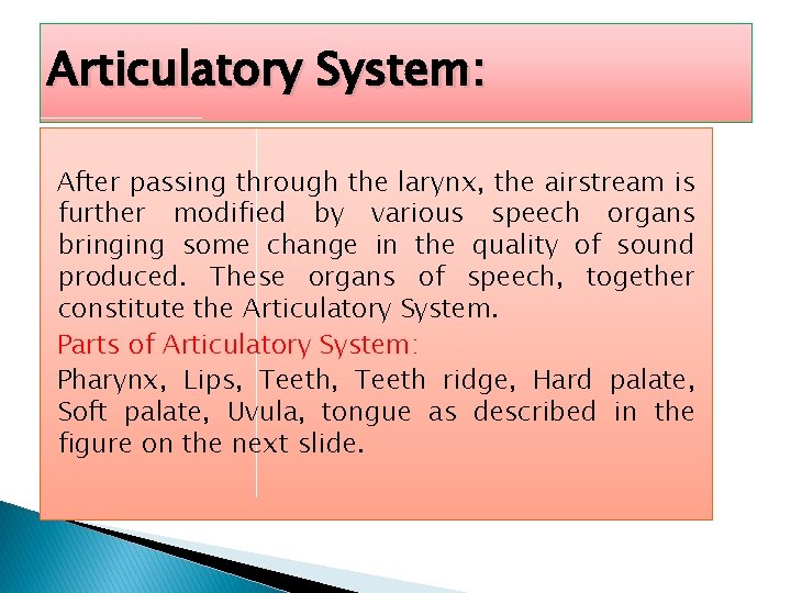 Articulatory System: After passing through the larynx, the airstream is further modified by various