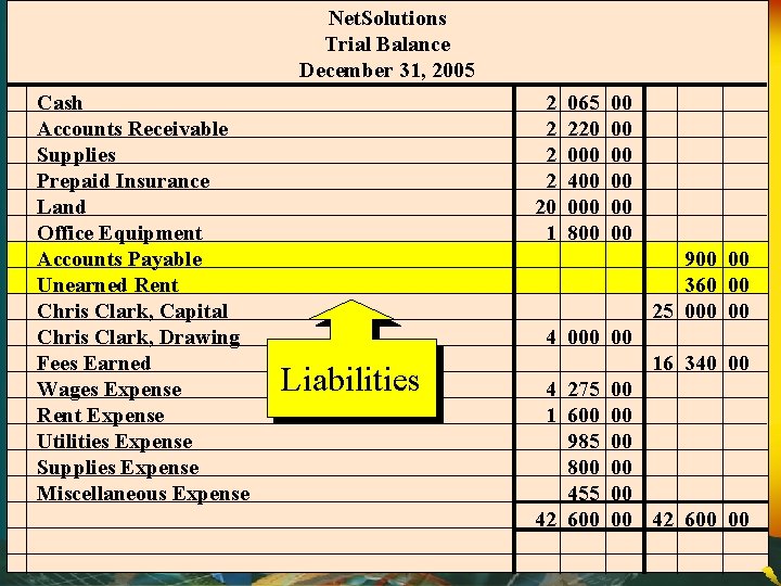 Net. Solutions Trial Balance December 31, 2005 Cash Accounts Receivable Supplies Prepaid Insurance Land