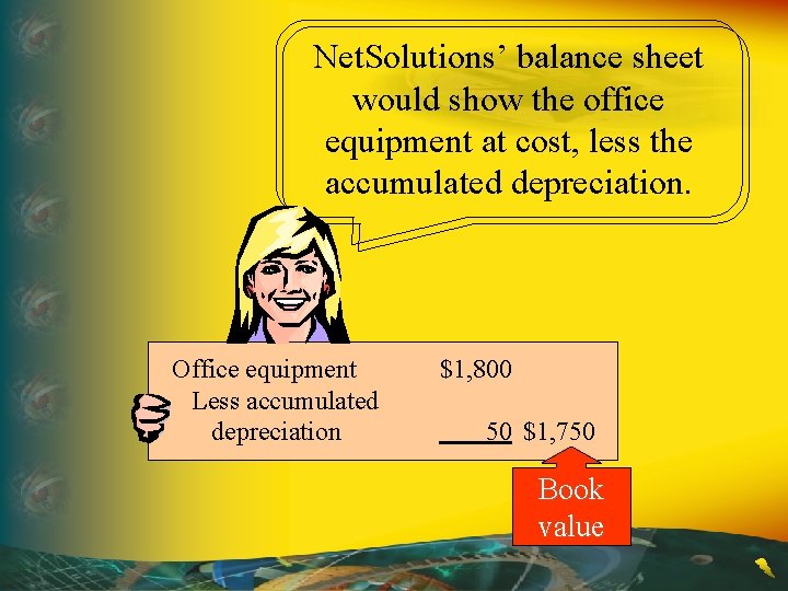 Net. Solutions’ balance sheet would show the office equipment at cost, less the accumulated