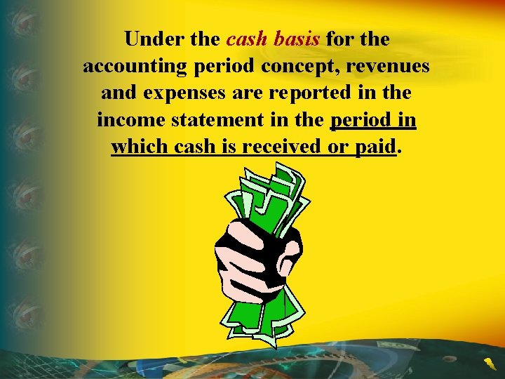Under the cash basis for the accounting period concept, revenues and expenses are reported