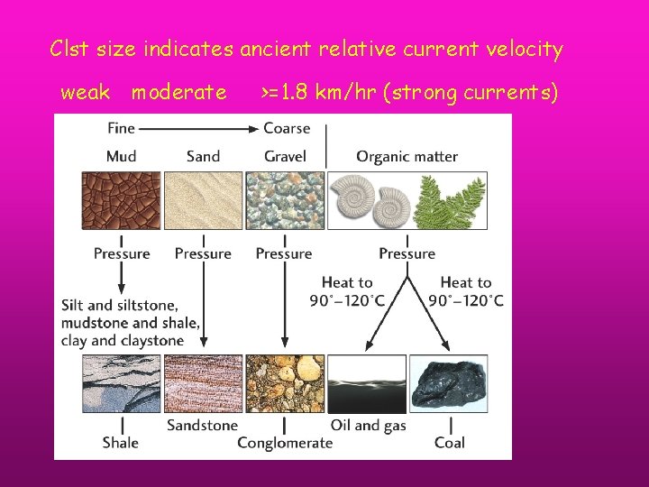 Clst size indicates ancient relative current velocity weak moderate >=1. 8 km/hr (strong currents)