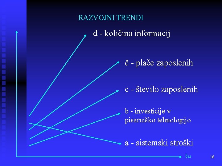 RAZVOJNI TRENDI d - količina informacij č - plače zaposlenih c - število zaposlenih