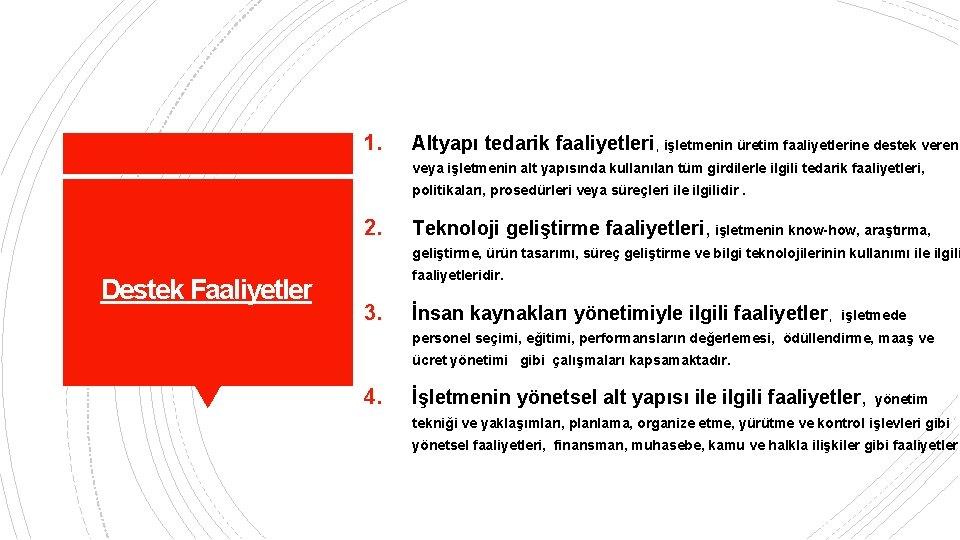 1. Altyapı tedarik faaliyetleri, işletmenin üretim faaliyetlerine destek veren veya işletmenin alt yapısında kullanılan