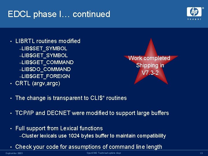 EDCL phase I… continued • LIBRTL routines modified –LIB$SET_SYMBOL –LIB$GET_SYMBOL Work completed Shipping in EDCL phase I… continued • LIBRTL routines modified –LIB$SET_SYMBOL –LIB$GET_SYMBOL Work completed Shipping in