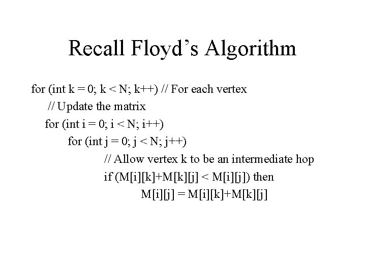 Recall Floyd’s Algorithm for (int k = 0; k < N; k++) // For