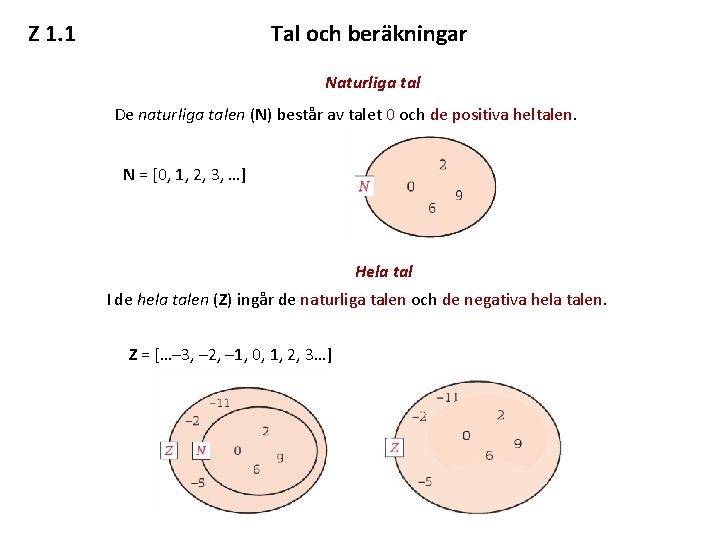 Z 1. 1 Tal och beräkningar Naturliga tal De naturliga talen (N) består av