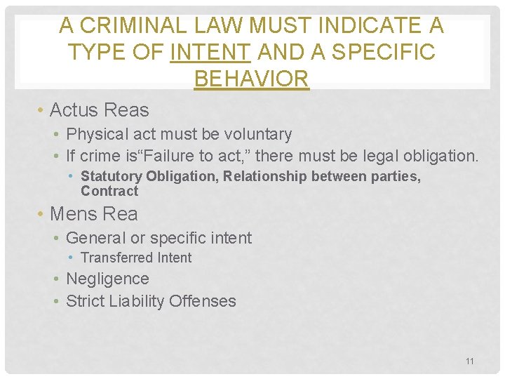 A CRIMINAL LAW MUST INDICATE A TYPE OF INTENT AND A SPECIFIC BEHAVIOR •