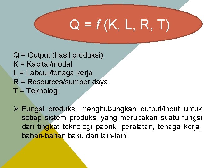 Q = f (K, L, R, T) Q = Output (hasil produksi) K =