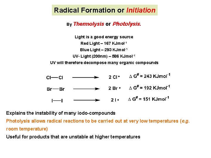 Radical Formation or Initiation By Thermolysis or Photolysis. Light is a good energy source Radical Formation or Initiation By Thermolysis or Photolysis. Light is a good energy source
