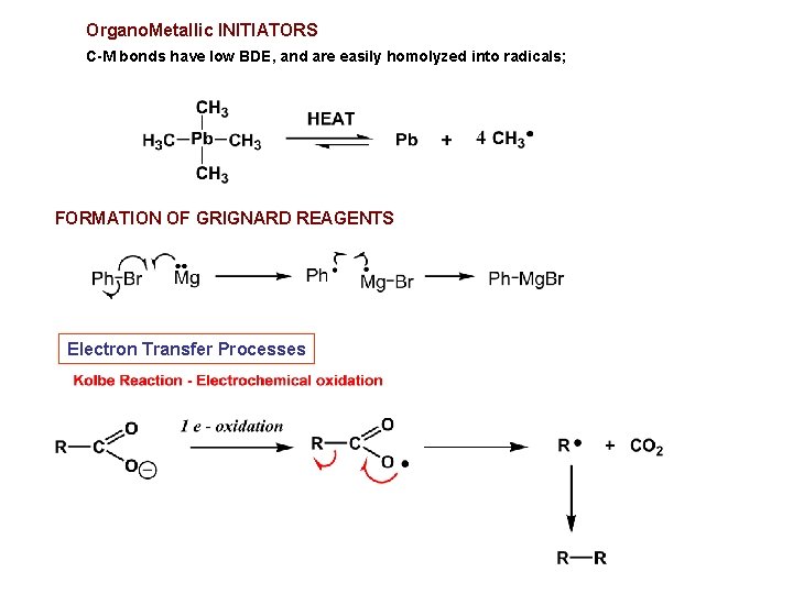 Organo. Metallic INITIATORS C-M bonds have low BDE, and are easily homolyzed into radicals; Organo. Metallic INITIATORS C-M bonds have low BDE, and are easily homolyzed into radicals;