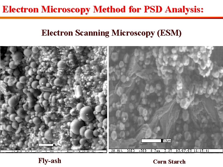 Electron Microscopy Method for PSD Analysis: Electron Scanning Microscopy (ESM) Fly-ash Corn Starch 