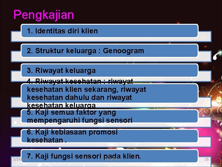 Pengkajian 1. Identitas diri klien 2. Struktur keluarga : Genoogram 3. Riwayat keluarga 4.