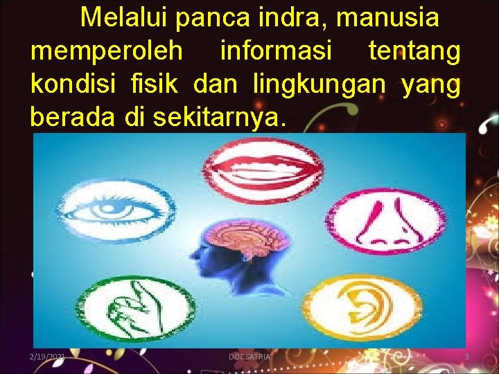 Melalui panca indra, manusia memperoleh informasi tentang kondisi fisik dan lingkungan yang berada di