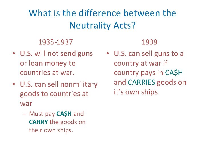 What is the difference between the Neutrality Acts? 1935 -1937 • U. S. will
