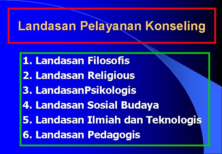 Landasan Pelayanan Konseling 1. Landasan Filosofis 2. Landasan Religious 3. Landasan. Psikologis 4. Landasan