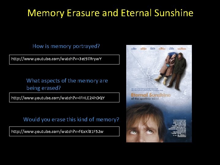 Memory Erasure and Eternal Sunshine How is memory portrayed? http: //www. youtube. com/watch? v=3