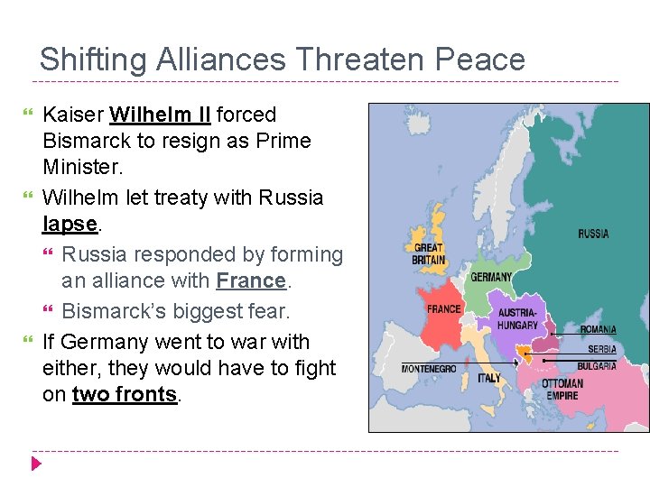 Shifting Alliances Threaten Peace Kaiser Wilhelm II forced Bismarck to resign as Prime Minister.