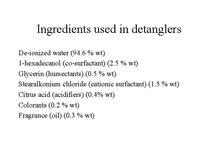 Ingredients used in detanglers De-ionized water (94. 6 % wt) 1 -hexadecanol (co-surfactant) (2.