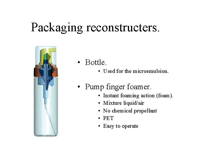 Packaging reconstructers. • Bottle. • Used for the microemulsion. • Pump finger foamer. •