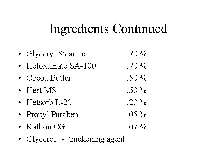 Ingredients Continued • • Glyceryl Stearate. 70 % Hetoxamate SA-100. 70 % Cocoa Butter.