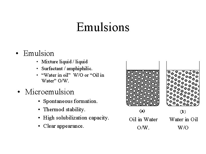 Emulsions • Emulsion • Mixture liquid / liquid • Surfactant / amphiphilic. • “Water