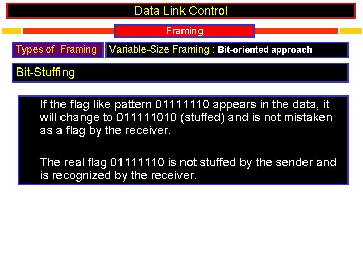 Data Link Control Framing Types of Framing Variable-Size Framing : Bit-oriented approach Bit-Stuffing If
