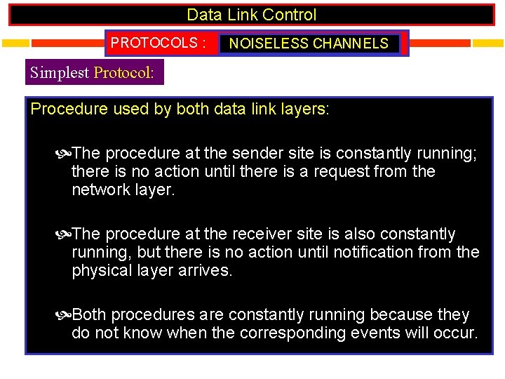 Data Link Control PROTOCOLS : NOISELESS CHANNELS Simplest Protocol: Procedure used by both data