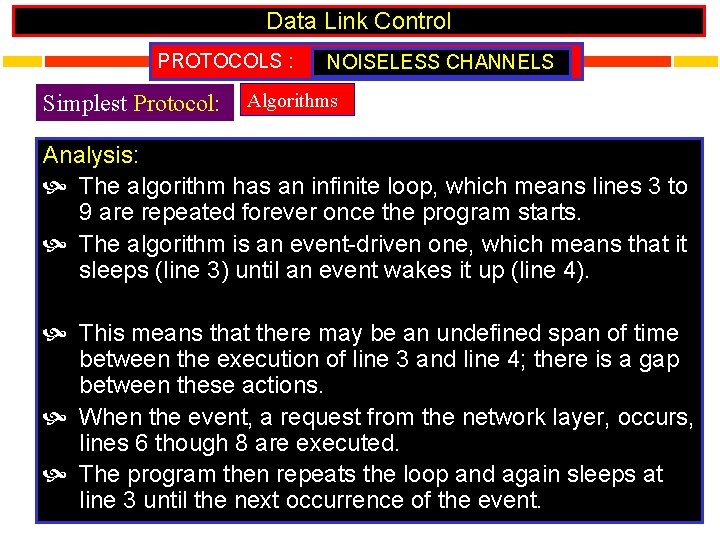 Data Link Control PROTOCOLS : Simplest Protocol: NOISELESS CHANNELS Algorithms Analysis: The algorithm has