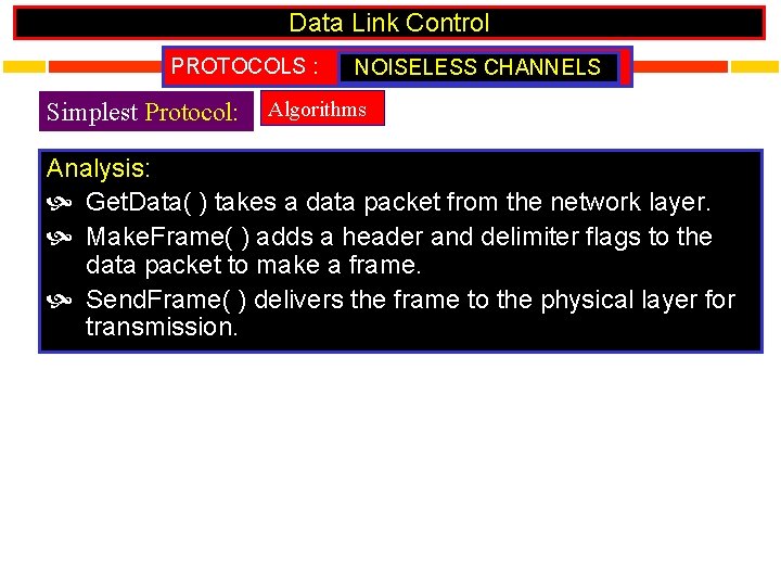 Data Link Control PROTOCOLS : Simplest Protocol: NOISELESS CHANNELS Algorithms Analysis: Get. Data( )
