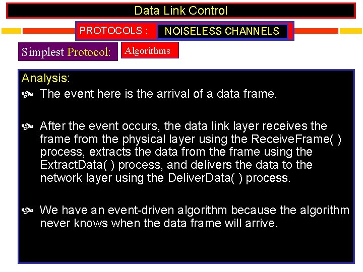 Data Link Control PROTOCOLS : Simplest Protocol: NOISELESS CHANNELS Algorithms Analysis: The event here