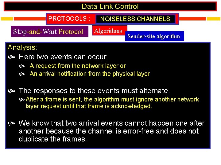 Data Link Control PROTOCOLS : Stop-and-Wait Protocol NOISELESS CHANNELS Algorithms Sender-site algorithm Analysis: Here