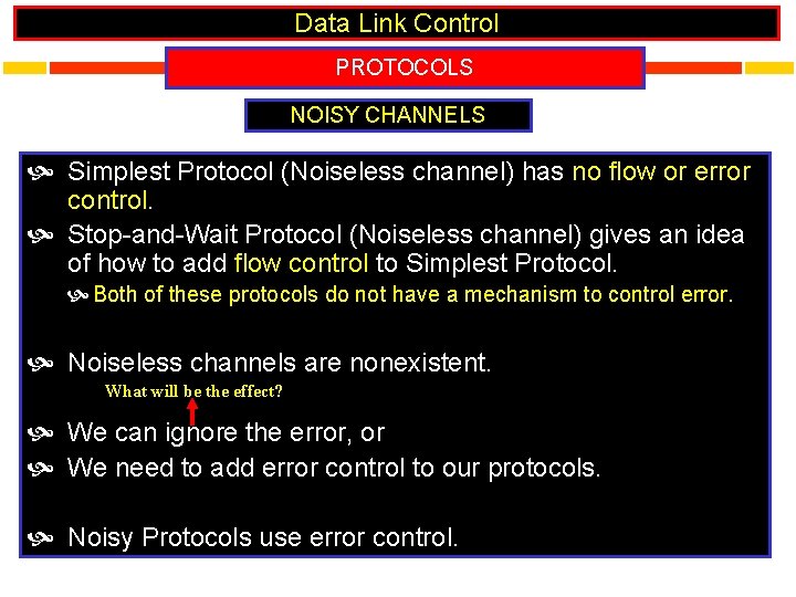 Data Link Control PROTOCOLS NOISY CHANNELS Simplest Protocol (Noiseless channel) has no flow or